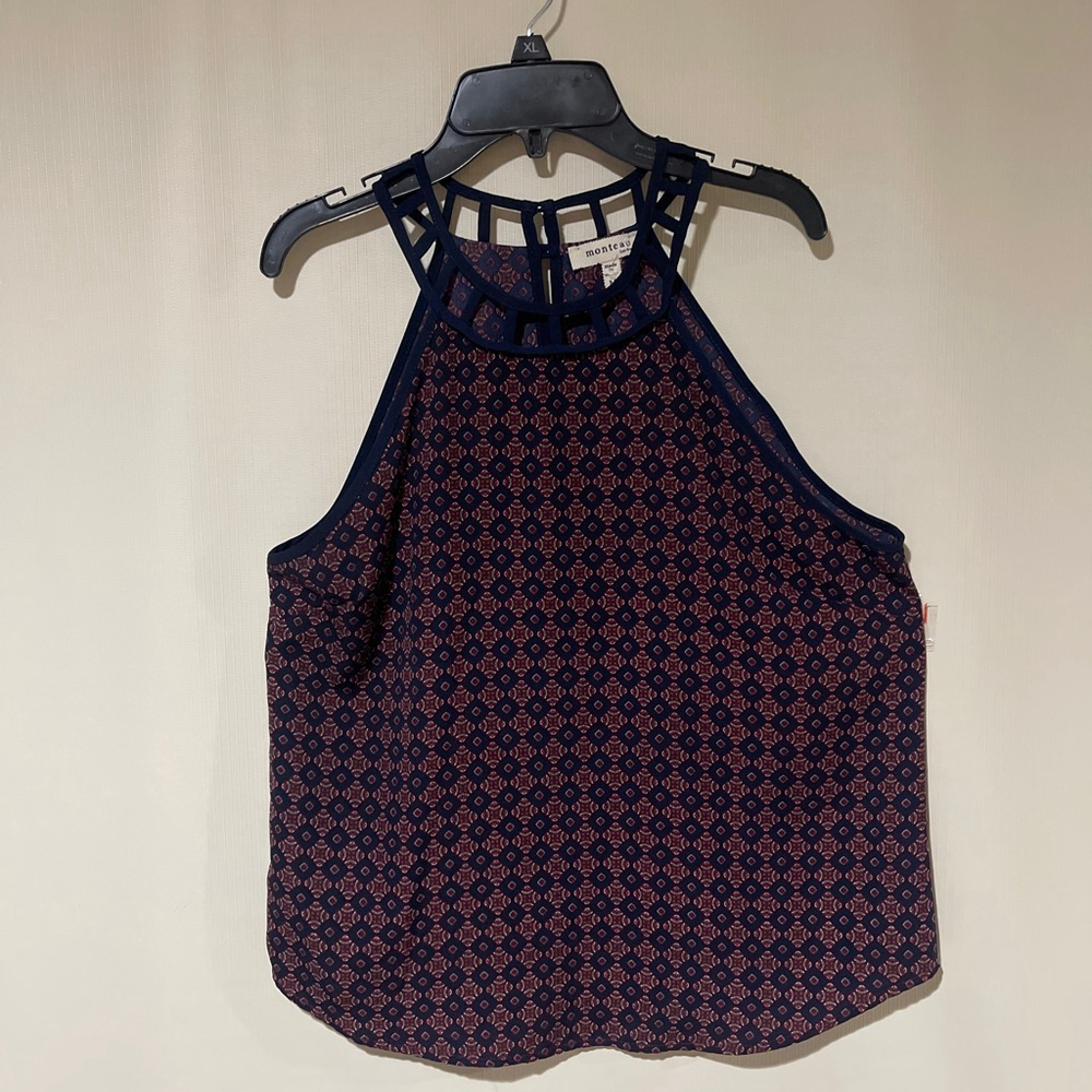 Monteau Navy Burgundy Patterned Halter Tank Top M